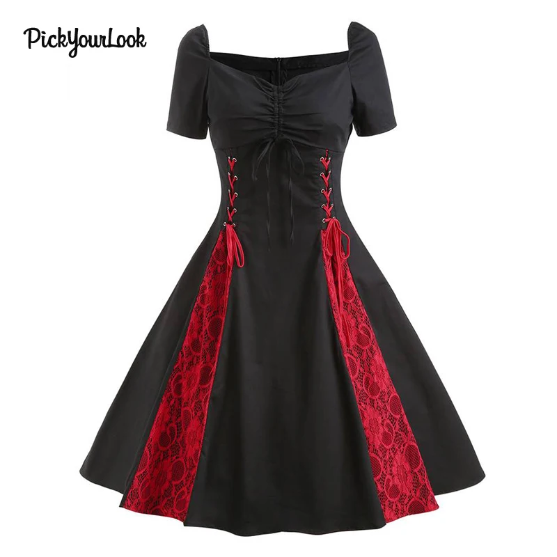 PickyourLook Lace Dress Pleated Midi Vintage Party Rockabilly Dress Ruched vestidos Gothic Tunic Dresses Hepburn Plus Size Dress