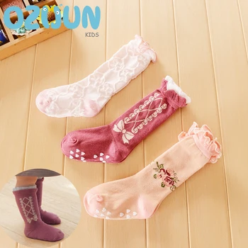

3 Pairs/lot Kids Girls Knee High Socks S/M/L Flower Pattern Retro Style Non-slip Sole Cute Princess Baby Girls Socks