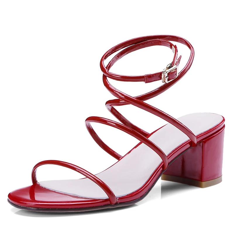 

Sexy Open-toe Women Sandals 5.5 CM Chunky Heels Genuine Leather Hollow Red Pumps Summer Style Buckle Shoe Box Packing A80