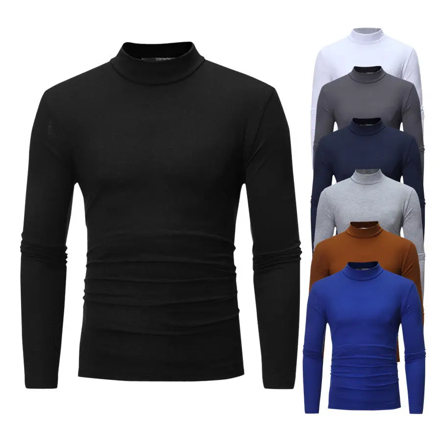 

Casual Men Roll Turtle Neck Long Sleeve Solid Cotton Top Basic T-Shirts