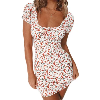 

Women'S Dress Off The Shoulder Retro Tunic Short Sleeve Floral Print Bodycon Green Floral Pastoral Style Dresses Vintage Dress