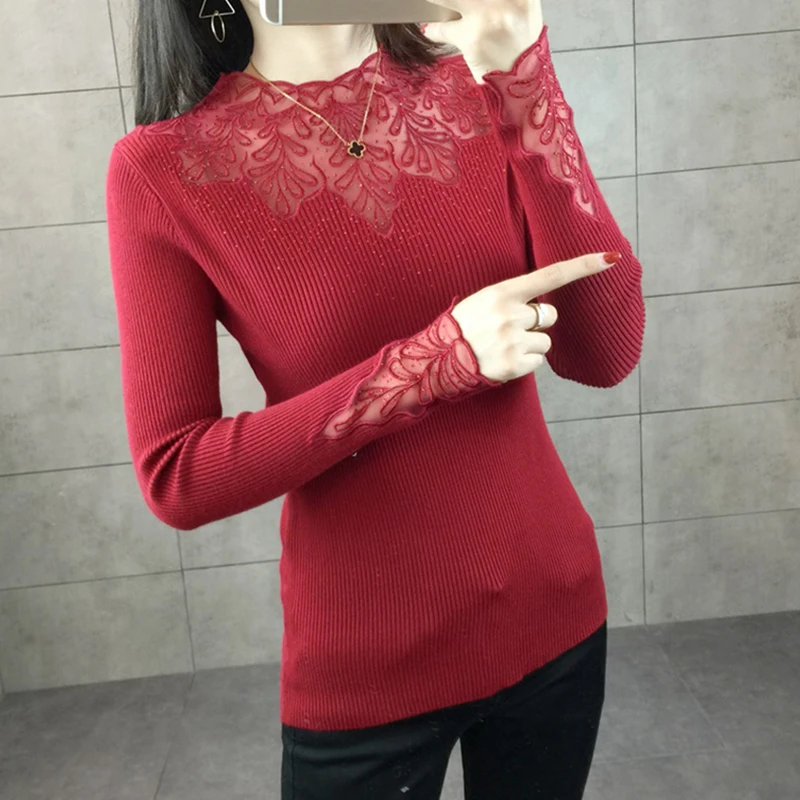 2019 Spring Women Lace Sweater High Elastic Solid O-neck Long Sleeve Sweater Women Slim Sexy Tight Bottoming Knitted Pullovers