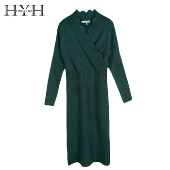 

HYH HAOYIHUI Autumn Winter Women Knitted Cotton Skinny Sweater Dress V-neck Slim Bodycon Dress Elegant Sexy Party Vestidos
