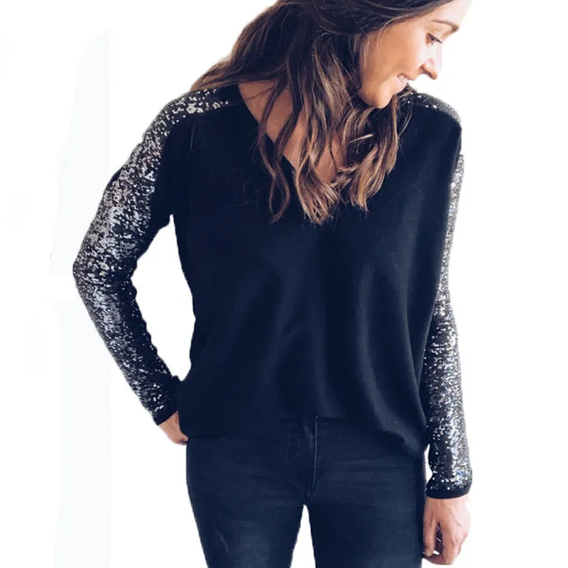 

Sequins Patchwork women T-shirts Fashion Newest Clothes Autumn long sleeve O Neck Pullover ladies street stylish Top Gold Silver