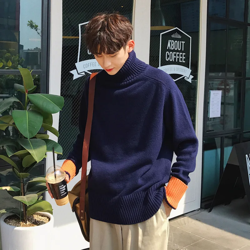 

Fashion Men's New Casual Autumn And Winter Knitted Sweater M-XL Wild Long-sleeved Slim Temperament Color Youth High Collar