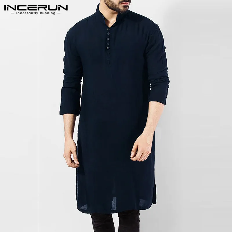 

INCERUN Vintage Casual Mens Shirt Long Sleeve Cotton Solid Shirt Pakistani Clothes Men Long Shirts Indian Kurta Suit Hombre 2019