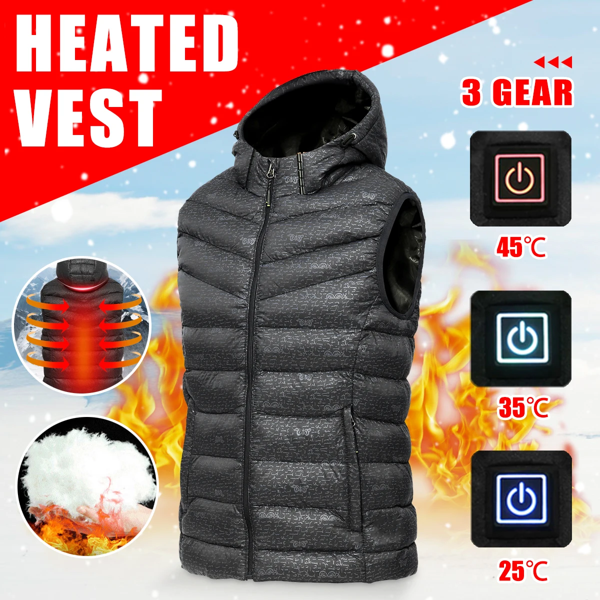 

25/35/45 Degree 3 Mode Adjustable Temperature USB Man Winter Heated Vest Jacket Sleevless Washable Coat Vest