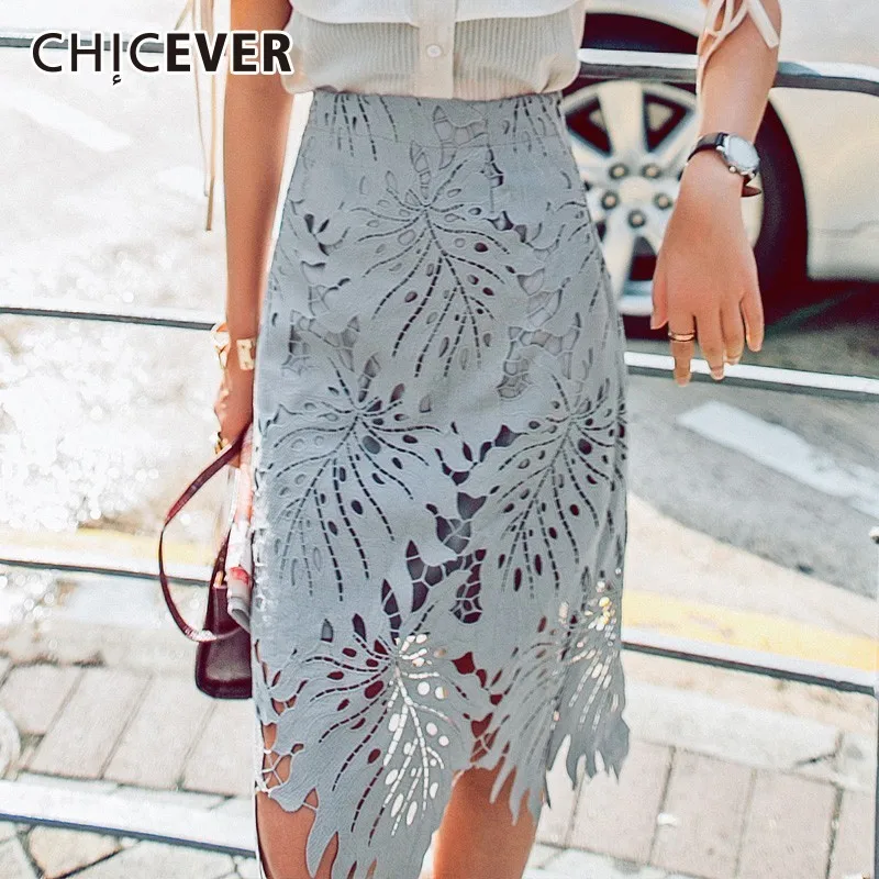 

CHICEVER Sweet Lace Hollow Out High Waist Women Skirt Loose Slim A-line Ankle-length Female Skirts 2019 Fashion Korean New