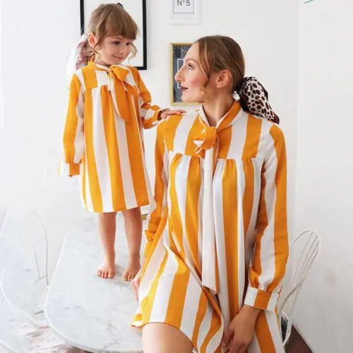 

Mother Daughter Matching Party Dresses Women Girl Stripe Dress Family Clothes