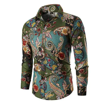 

#4504 Autumn Cotton Linen Men's Shirt Long Sleeve Slim Fit Casual Vintage Turn-down Collar Chinese Floral Printed Shirts For Men