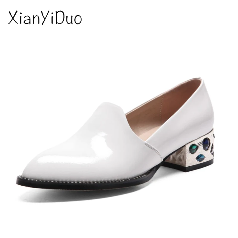 

xianyiduo 2019 new Spring Women's Shoes Crystal Middle Heel Pumps block plus size 34-43 White Pointed Toe Slingbacks /V237