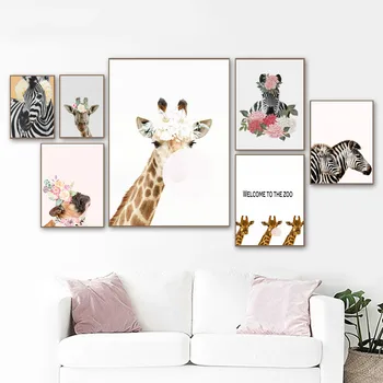 

Zebra and giraffe Canvas Painting Wall Art Posters and Prints Nordic Lovely Animal for Kids Baby Girl Room Home Decor No Frame