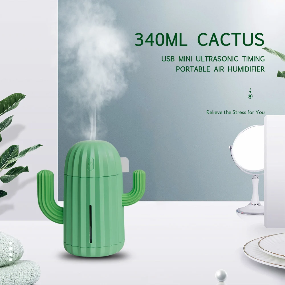 

340ML Cactus Air Humidifier Battery Operated Rechargeable USB Aroma Essential Oil Diffuser With Warm Light Cactus Air Purifier