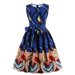 Для женщин Элегантный Fabala пляжная одежда печати винтажный ремень без рукавов Вырез Лодочкой лето