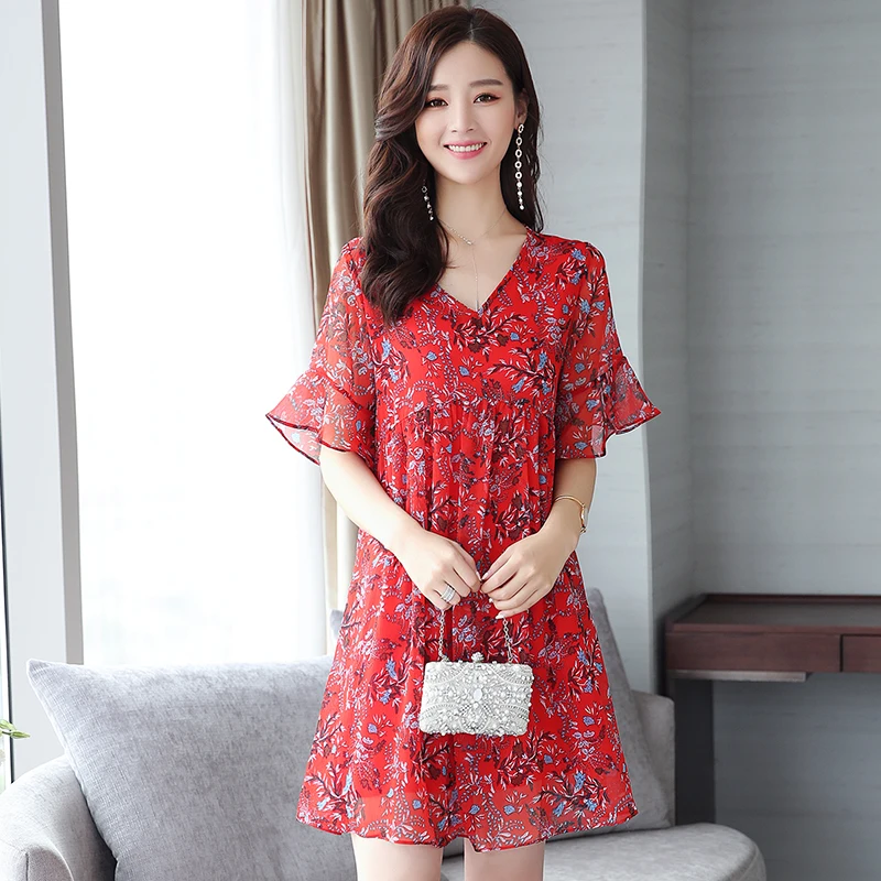 

Spring Summer Lady Chiffon Dress 2019 New Korean Fashion Women Short Sleeved Floral Print Party Dresses Vestidos Plus Size 4XL