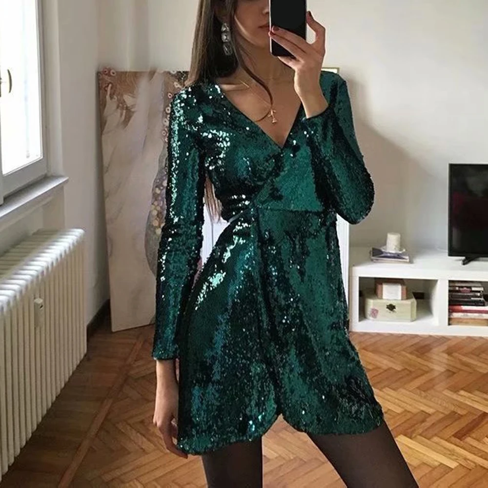 

2019 Spring Sequin Dress Long Sleeve Bodycon Party Dress Women Glitter Dress V-neck High Slit Mini Tunic Dress Vestidos