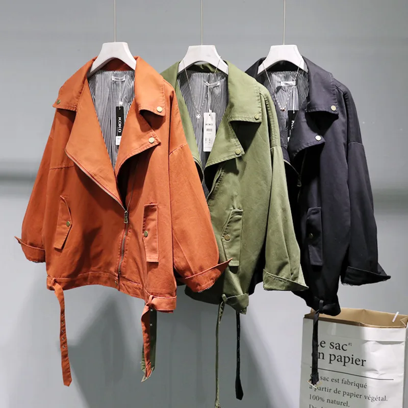 

DEAT 2019 New Spring Kuwait Fashion Like Turn-down Collar Batwing Sleeves Zippers Jacket High Waist Windbreaker WD50906
