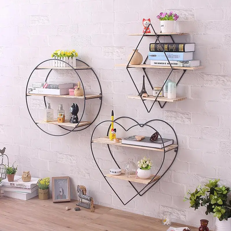 

Nordic Iron Art Wooden Wall Hanging Rack Shelving Bracket Retro Solid Wood Wall Home Wall Decoration Storage Organizer