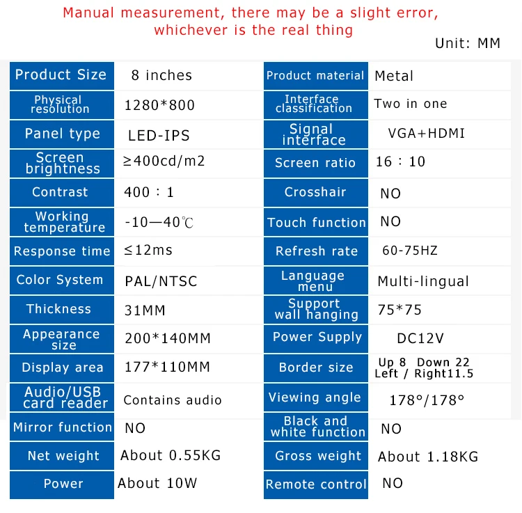 8/8. 2 дюймовый широкоформатный HD металлический HDM Портативный IPS экран