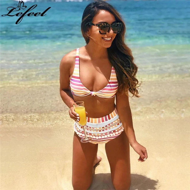Lefeel Solid Striped Bikini Set Women Sexy Bikinis Bordred Bathing Suit Backless Beach Wear Swimsuit High Waist Swimwear Biquini |