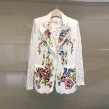 2019 Autumn White Lace Blazer Women Long Sleeve Flower Embroidery Pearls Notched Blazer  OL Work Suit Jacket Coat Outerwear