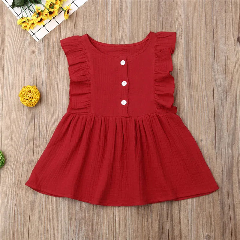 

Cute Kid Baby Girl Solid Ruffle Princess Dress Flying Sleeve Button Party Dress Summer Girl Plain Sundress A-Line Dresses 1-6Y