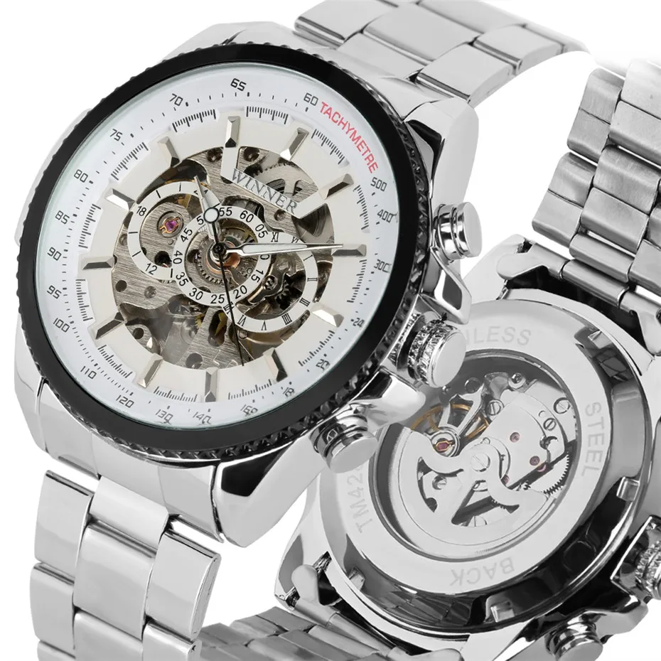 

Skeleton Black/white Color Dial Men Watches Self Wind Mechanical Automatic Watch For Man Silver Stainless Steel Band Clock Gifts