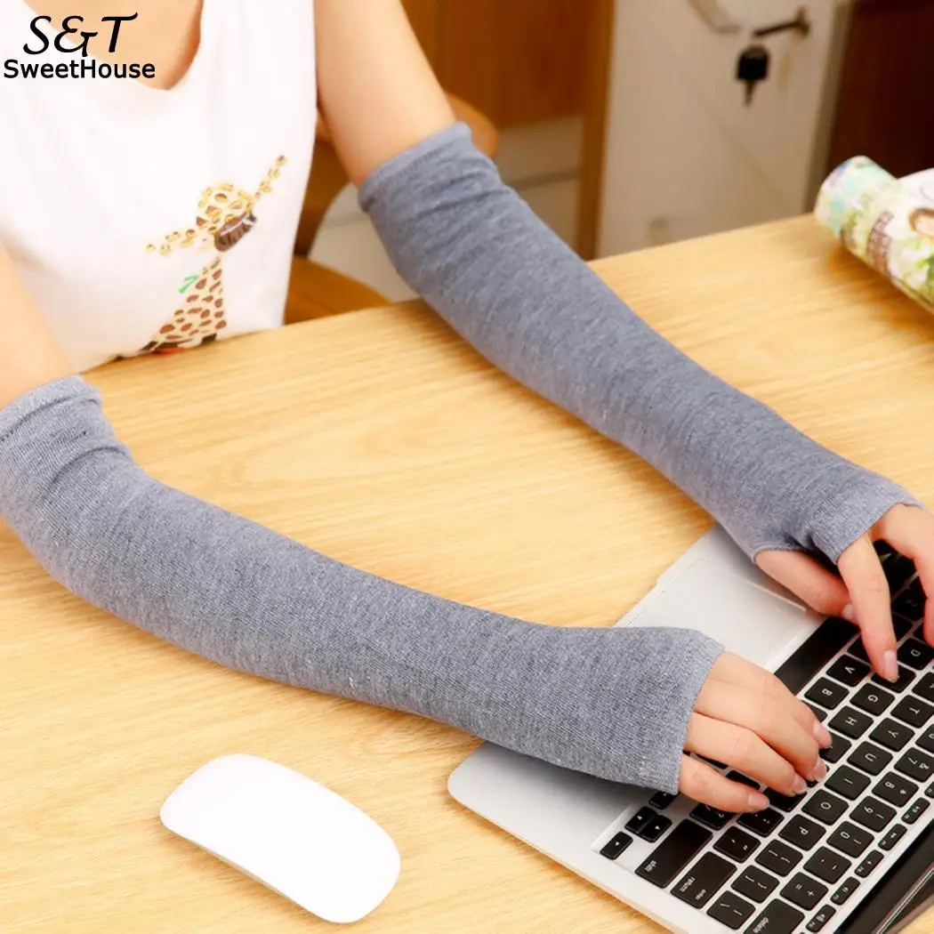 Women Stretchy Soft Arm Warmer Long Soild, Striped Sleeve Casual