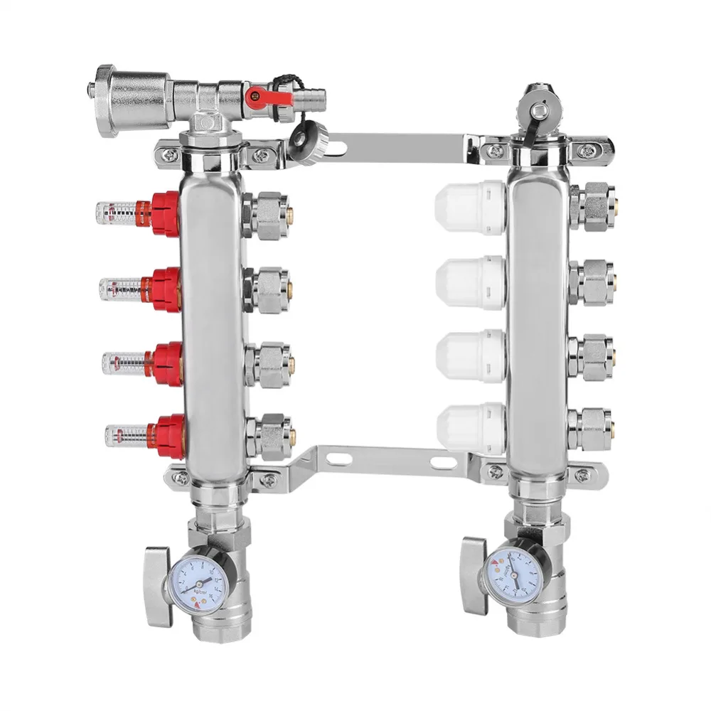 

4-Branch Stainless Steel Floor Heating Manifold Set Adjustable Flow Valves Heating System Tool