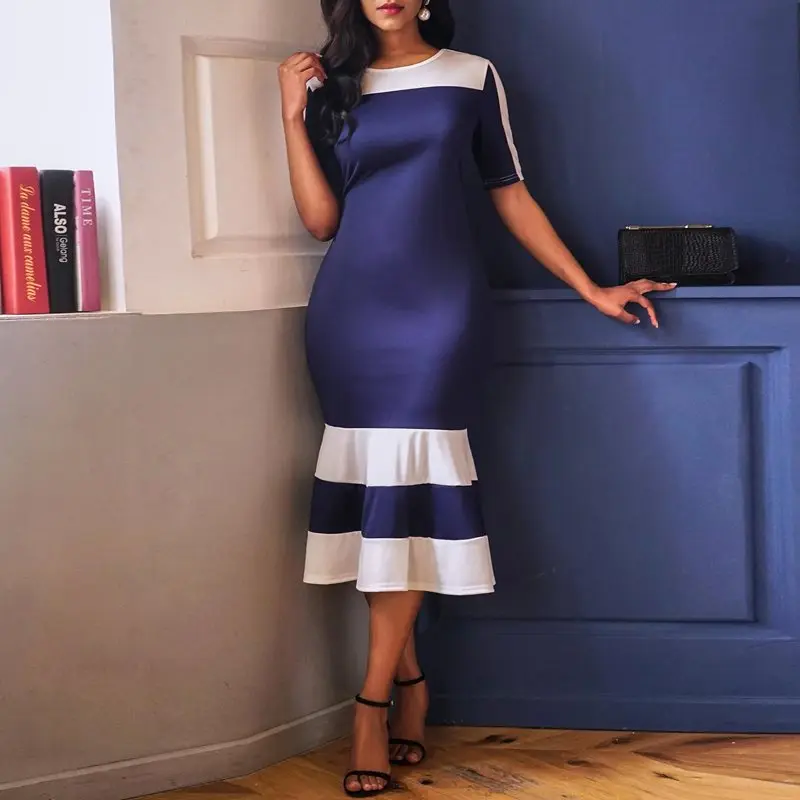 

Summer Vintage Big Size Office Lady Blue Women Dresses Casual Elegant Party 2019 African Style Mermaid Ruffles Female Dress