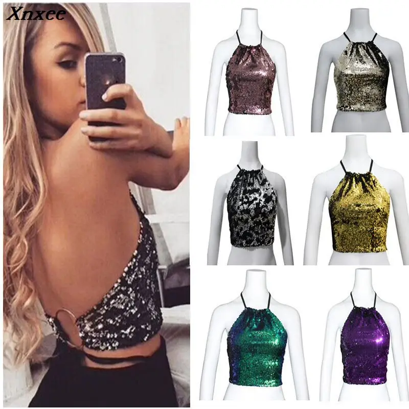 

Xnxee green sequin top cropped feminino streetwear halter top clothes women backless glitter top summer camisole femme 2019