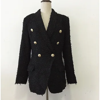 

2018 Winter High Quality Black Tweed Blazer Coat Ruwnay Designer Double Breasted Gold Buttons Lady Formal Blazer Jacket Clothing