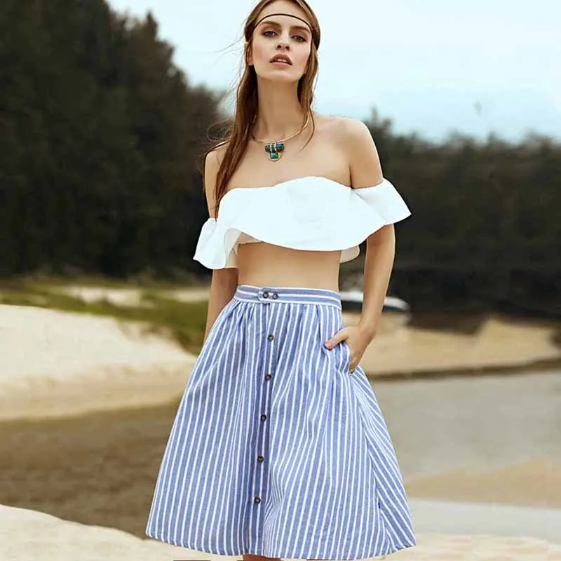 Для женщин Новое поступление 2019 летние милые Повседневное длиной до колен юбки Striped A-Line-голубой одного однобортная юбка