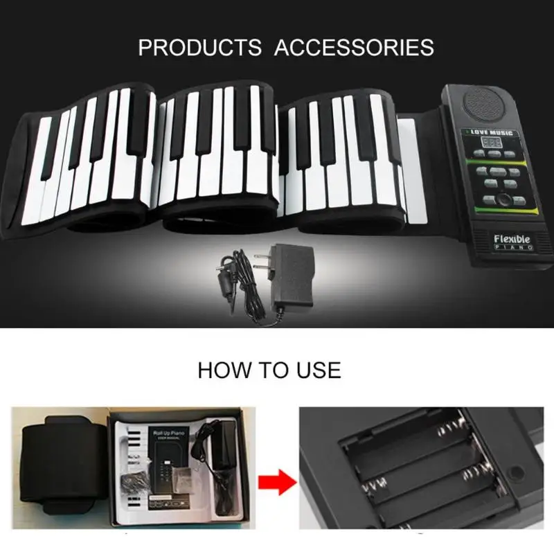  Portable 88 Keys Roll Up Piano Flexible Silicone Folding Keyboard for Children Student Beginner PN8