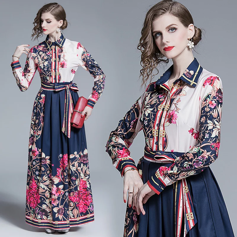 

QUALITY 2019 Spring Summer Newest Runway Designer Dress Women's Short Sleeve Shirt Floral Printed Bow Dress maxi