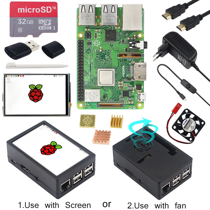 Raspberry Pi 3 Modelo B, modelo B + pantalla táctil de 3,5 pulgadas LCD + ABS + tarjeta SD de 32 GB + 3A adaptador de corriente + disipadores térmicos + HDMI para RPI 3B Plus - 1
