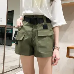 Для женщин Военная униформа Стиль Брюки карго шорты для с пояс с высокой талией Короткие штаны Летние резинка на талии армейский зеленый