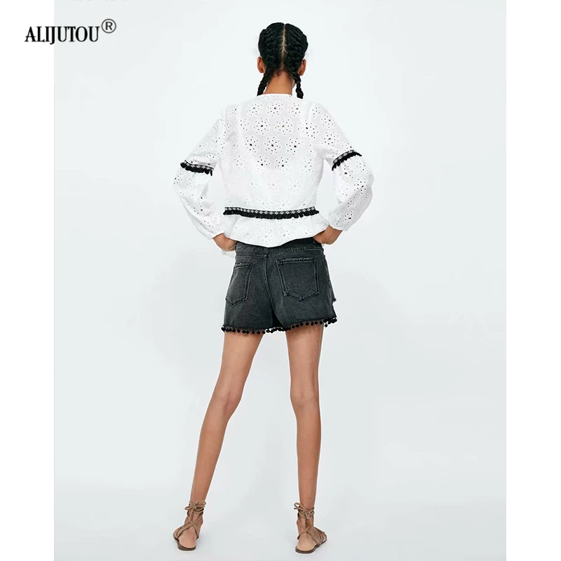Womens Sexy High Waist Tassel Ripped Jeans zaraing 2019 summer wind female black Hairball burr hole denim shorts high quality