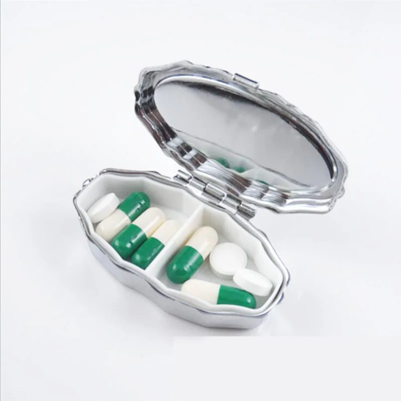 Metall scallop Silber Pille Boxen Halter 2 Grids Medizin Fall Kleine Tragbare Fall Container Splitter Persönliche Gesundheit Pflege MR106
