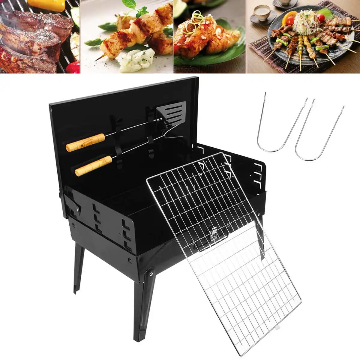 

BBQ Barbecue Grill Folding Portable Charcoal Camping Garden Outdoor With Tools Stainless Steel with 4 Foldable Legs Adjustable