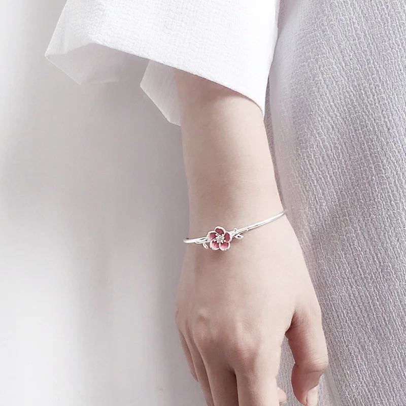 

2019 Flower Bracelet Opening Adjustable For Women Bracelet Pink Silver 925 Sterling Silver Boho Ethnic Style Wedding Jewelery