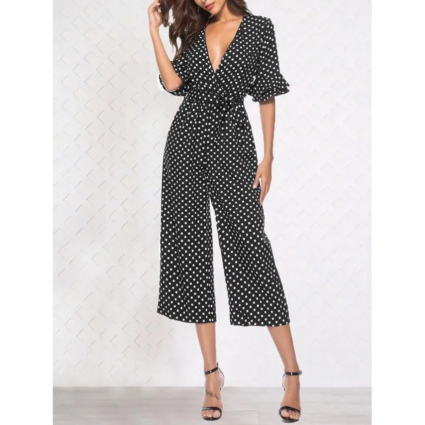 2019 Summer Women Sexy V Neck Wide Leg Jumpsuit Casual Elegant Ruffle Half Sleeve Long Rompers Polka Dot Lace Up Playsuits 2019 Summer Women Sexy V Neck Wide Leg Jumpsuit Casual Elegant Ruffle Half Sleeve Long Rompers Polka Dot Lace Up Playsuits