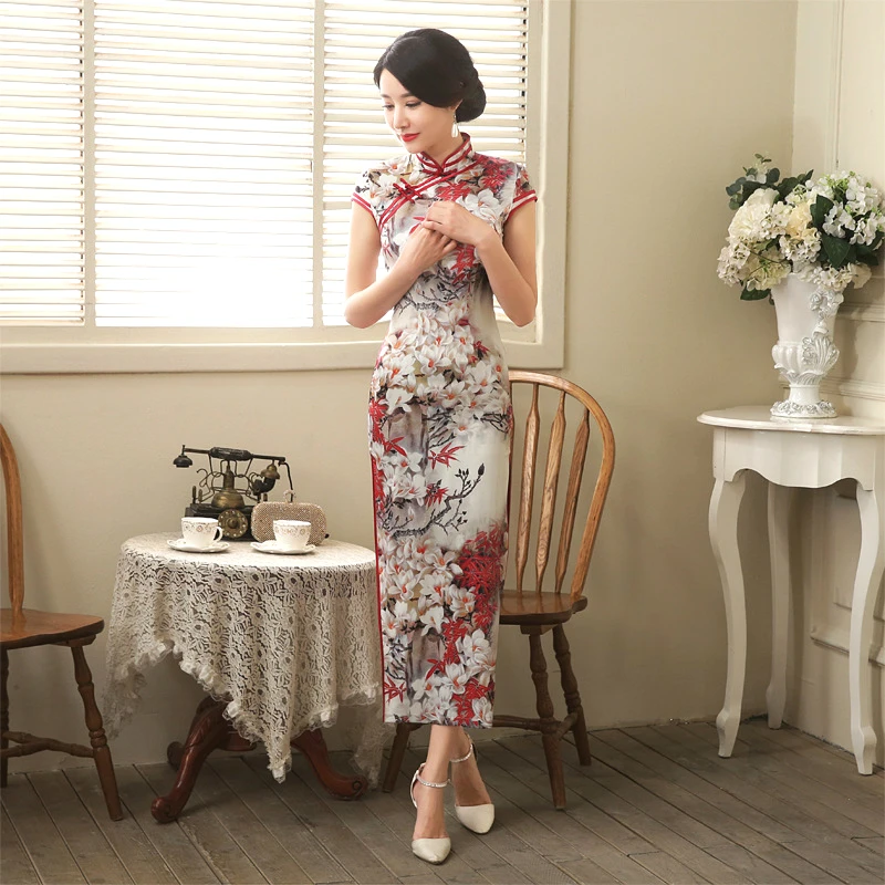 Шэн Коко длинные Шанхай шелковые платья Qipao Cheongsam китайское платье с разрезами печати guzheng элегантный тонкий современный ChiPao 3XL