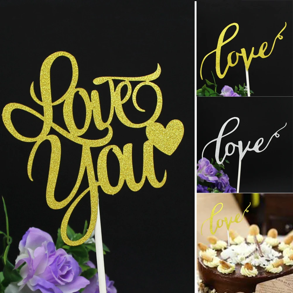 

Valentines Day Love Cake Decor Topper Glitter Gold Silver Wedding Engagement Party(Golden Love You)