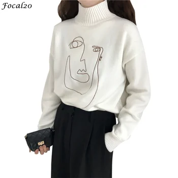 

Focal20 Geometric Face Embroidery Women Sweater Mock Neck Long Sleeve Soft Pullover Autumn Winter Sweater Female