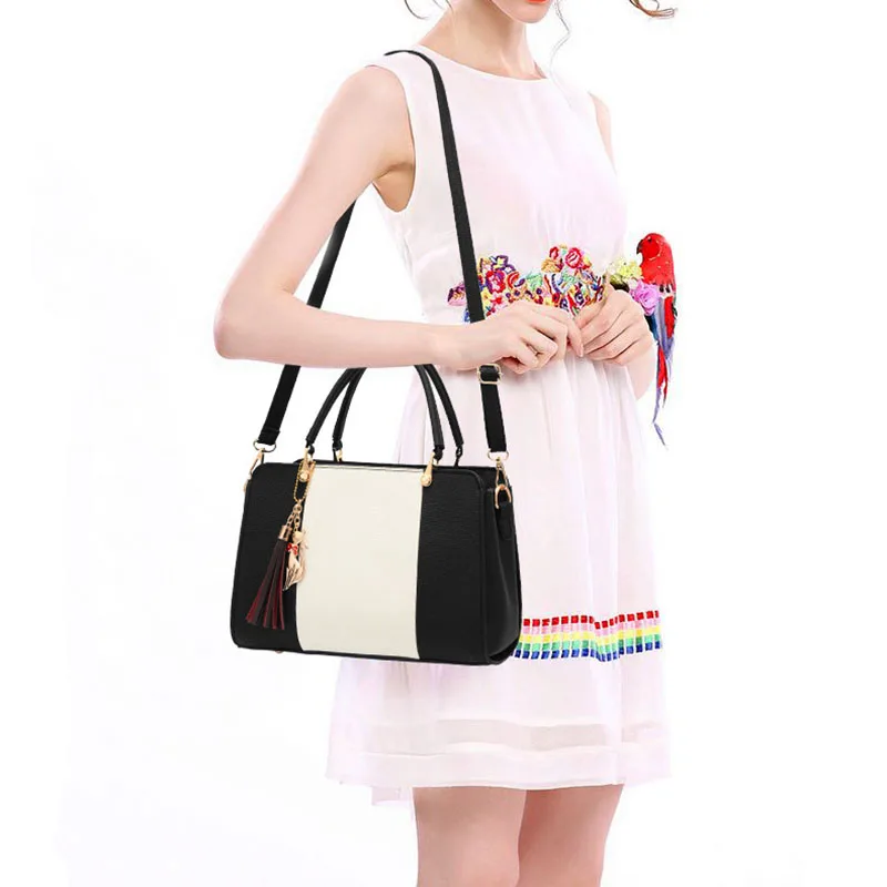 الصيف النساء ضرب اللون حقائب يد جلدية عارضة حمل أكياس Crossbody حقيبة الأعلى مقبض حقيبة مع شرابة و القط قلادة (أسود)