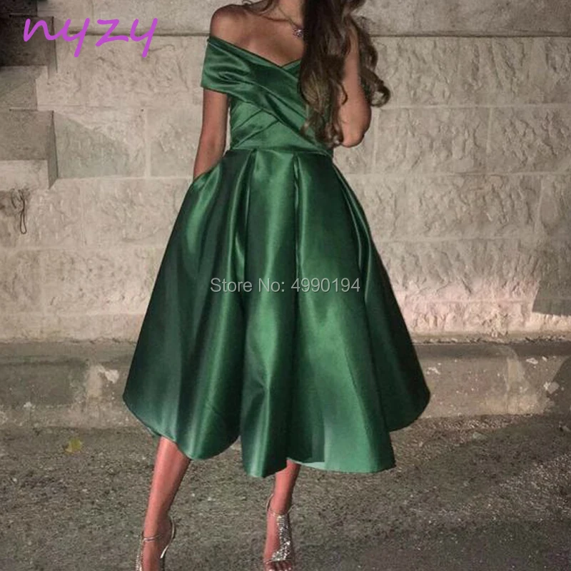 

NYZY C66 Vestido Robe Cocktail Dresses Elegant Satin Tea Length Green Party Dress robe de soiree courte 2019