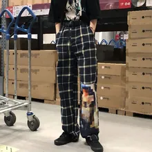 дешево! Женщины Плед Лоскутное Широкие штаны Причинно Harajuku Hip Pop Брюки с принтом Свободные брюки с выс