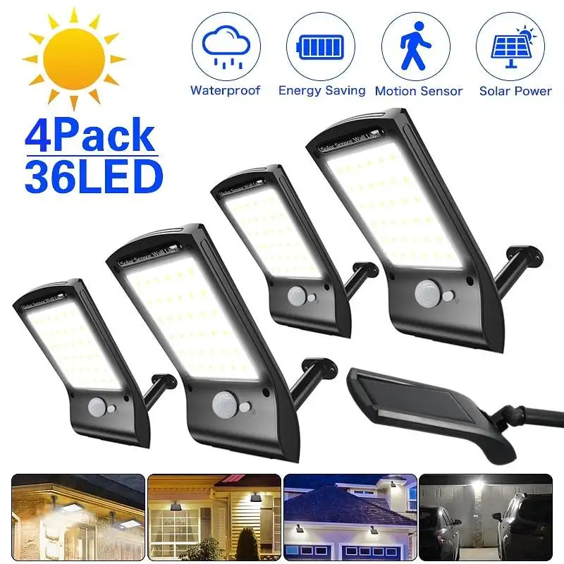 

Solar Wall Lights Outdoor Waterproof Security 36 LED Solar Powered Motion Sensor Wall Lamp with Mounting Pole For Garden Pathway
