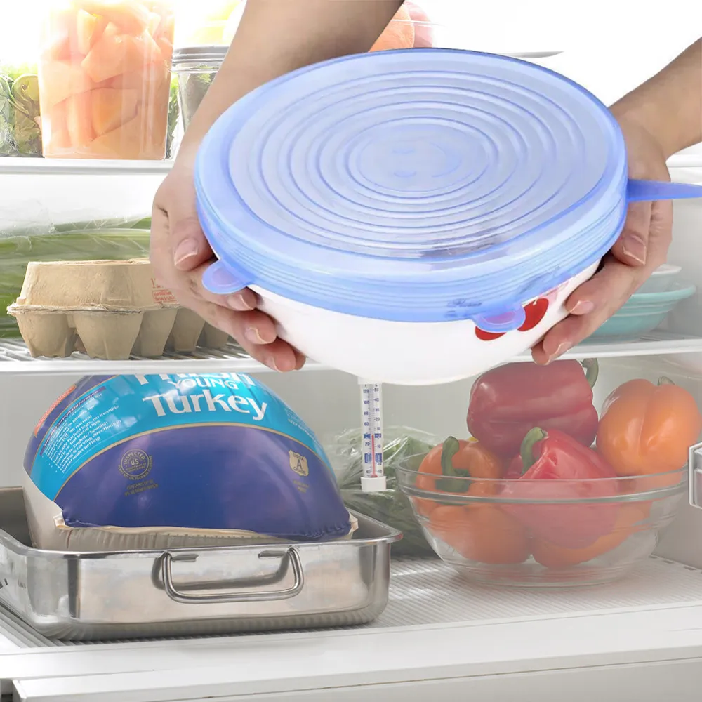 

6pcs/set Multifunction Silicone Food Fresh Keeper Heat Resistant Anti Slip Vegetable Salad Wraps Seal Vacuum Bowl Cup Cover Lid